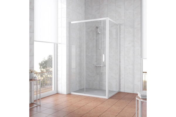 Душевой уголок Vegas Glass ZP+ZPV NOVO 140*100 01 01 профиль белый, стекло прозрачное, прямоугольный, двери раздвижные