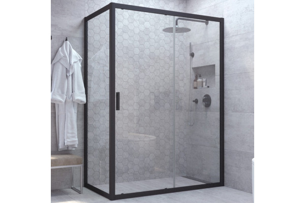 Душевой уголок Vegas Glass ZP+ZPV NOVO 140*80 02М 01 профиль черный матовый, стекло прозрачное, прямоугольный, двери раздвижные