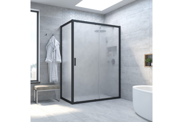 Душевой уголок Vegas Glass ZP+ZPV NOVO 130*100 02М 10 профиль черный матовый, стекло сатин, прямоугольный, двери раздвижные