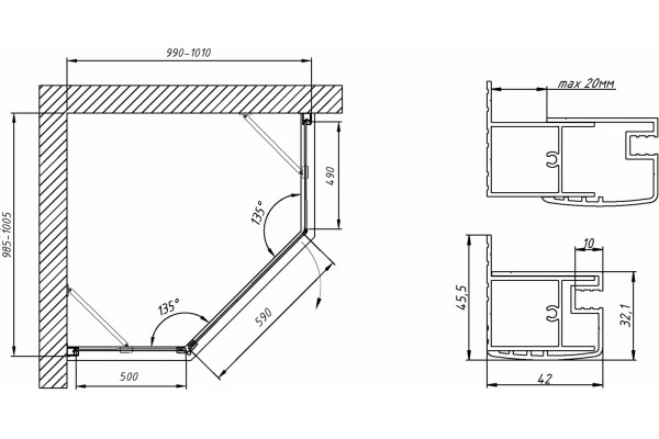 Душевой уголок Vegas Glass Afa-Pen Tur Novo 100 08 01 L профиль глянцевый хром, стекло прозрачное, двери распашные, левый