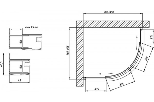 Душевой уголок Vegas Glass ZS-F Tur Novo 100*80 08 10 профиль глянцевый хром, стекло сатин, прямоугольный-асимметричный, двери раздвижные