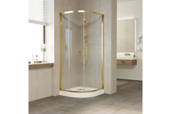 Душевой уголок Vegas Glass ZS Tur Novo 90 09 01 профиль золото, стекло прозрачное, четверть круга, двери раздвижные