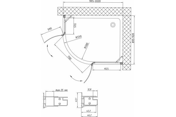 Душевой уголок Vegas Glass AFS-F 100*90 08 01 R стекло прозрачное, 100x90, прямоугольный-асимметричный, двери распашные