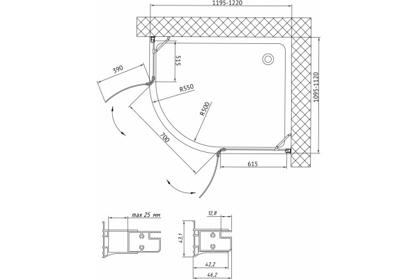 Душевой уголок Vegas Glass AFS-F 120*110 09 01 R стекло прозрачное, 120x110, прямоугольный-асимметричный, двери распашные