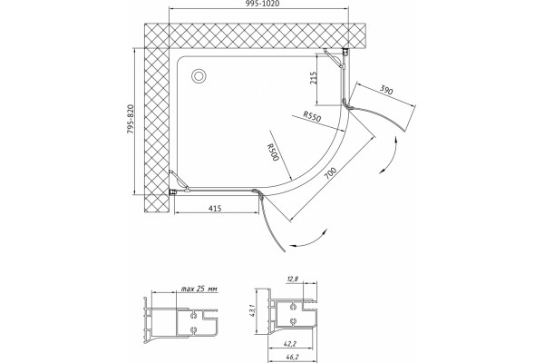 Душевой уголок Vegas Glass AFS-F 100*80 05 01 L стекло прозрачное, 100x80, прямоугольный-асимметричный, двери распашные