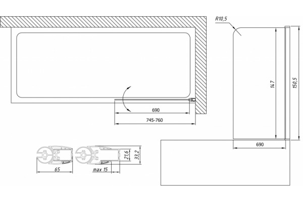 Шторка на ванну Vegas Glass EV Lux 0075 05 10 R профиль бронза, стекло сатин, распашная, правая