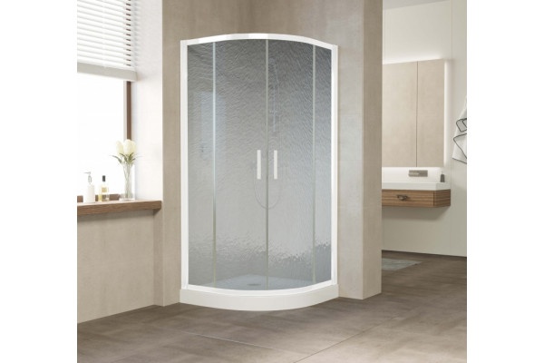 Душевой уголок Vegas Glass ZS 0100 01 02 профиль белый, стекло шиншилла, четверть круга, двери раздвижные