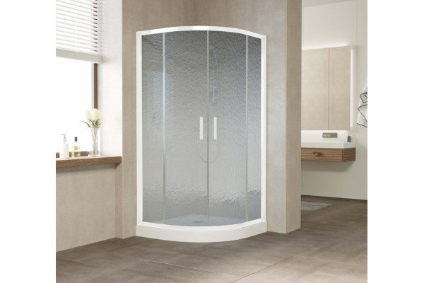 Душевой уголок Vegas Glass ZS 110 01 02 профиль белый, стекло шиншилла, четверть круга, двери раздвижные