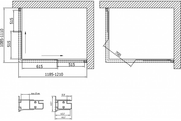 Душевой уголок Vegas Glass ZA-F 0120*110 08 01 профиль глянцевый хром, стекло прозрачное, прямоугольный, двери раздвижные