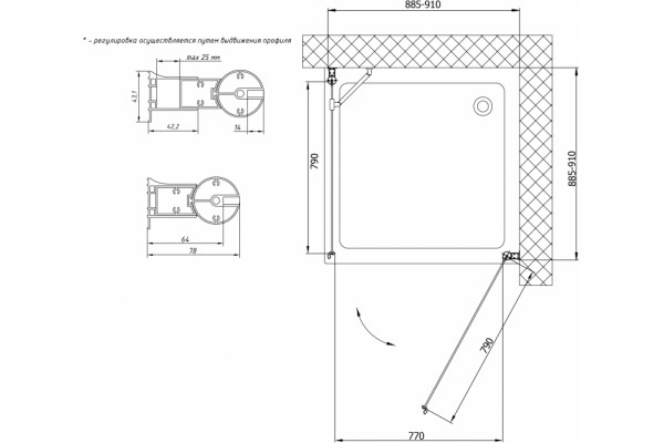 Душевой уголок Vegas Glass EP-Fis 0090 08 10 R профиль глянцевый хром, стекло сатин, квадратный, двери распашные