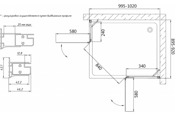Душевой уголок Vegas Glass AFA-F 100*90 01 01 R профиль белый, стекло прозрачное, прямоугольный, двери распашные