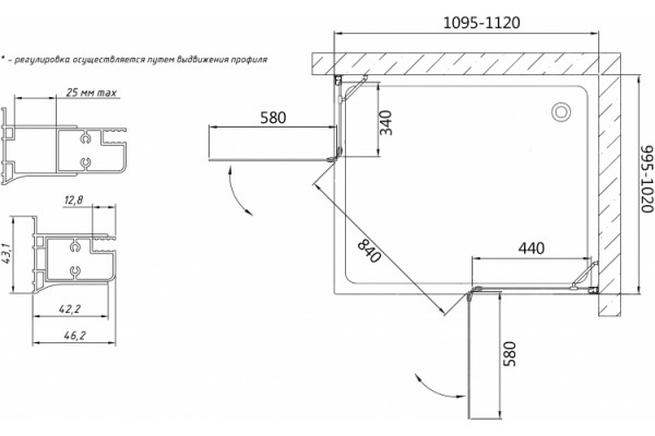 Душевой уголок Vegas Glass AFA-F 110*100 08 01 R профиль глянцевый хром, стекло прозрачное, прямоугольный, двери распашные
