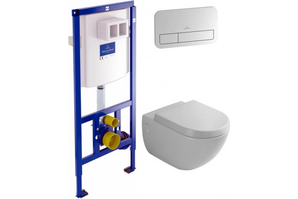 Комплект Система инсталляции для унитазов Villeroy & Boch 9224 6100 + Кнопка смыва Villeroy & Boch Viconnect 9224 9069 матовый хром + Крышка-сиденье Villeroy & Boch Subway 9M55 S101 с микролифтом, петли хром + Унитаз подвесной Villeroy & Boch, цвет белый,