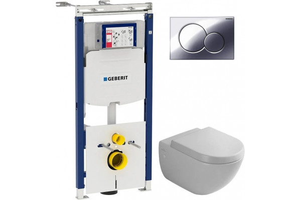 Комплект Система инсталляции для унитазов Geberit Duofix Sigma 12 Plattenbau 111.362.00.5 + Кнопка смыва Geberit Sigma 01 115.770.21.5 хром + Крышка-сиденье Villeroy & Boch Subway 9M55 S101 с микролифтом, петли хром + Унитаз подвесной Villeroy, цвет белый