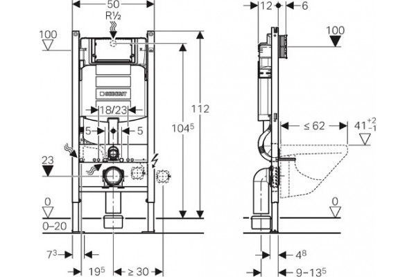 Комплект Система инсталляции для унитазов Geberit Duofix Sigma 12 Plattenbau 111.362.00.5 + Кнопка смыва Geberit Sigma 01 115.770.21.5 хром + Крышка-сиденье Villeroy & Boch Subway 9M55 S101 с микролифтом, петли хром + Унитаз подвесной Villeroy, цвет белый
