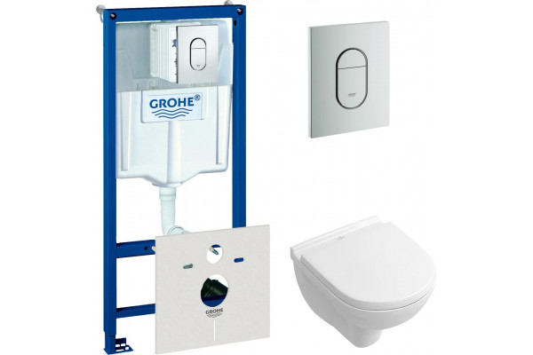 Комплект Система инсталляции для унитазов Grohe Rapid SL 38929000 4 в 1 с кнопкой смыва + Унитаз подвесной Villeroy & Boch O Novo 5688 H1 01 alpin, с микролифтом, цвет белый, бачок 3/6 л