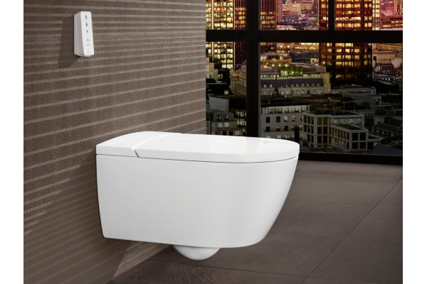Унитаз подвесной Villeroy & Boch Viclean V0E100R1 альпийский белый, с функцией биде, овальный, антивсплеск, 38.5x59.5 см