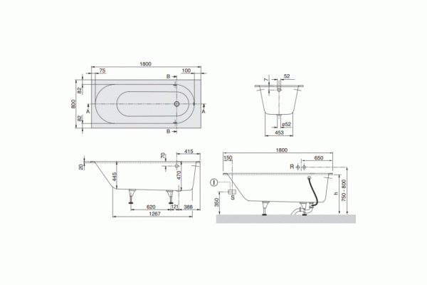 Акриловая ванна Villeroy & Boch Oberon UBQ180OBE2V-01 180x80 см, с ножками, цвет альпийский белый