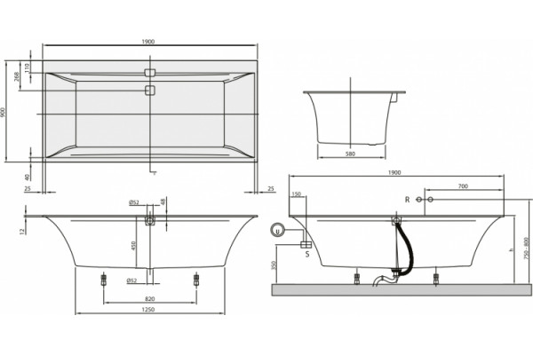 Акриловая ванна Villeroy & Boch Squaro Edge 12 UBQ190SQE2DV-01 alpin встраиваемая, прямоугольная