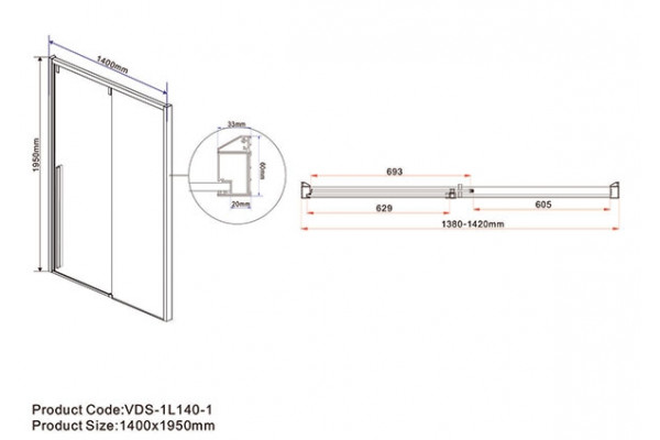 Душевая дверь Vincea Lugano VDS-1L140CL-1 140x195 профиль хром, стекло прозрачное, раздвижная