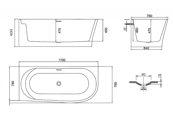 Ванна акриловая Vincea VBT-301-1700 R, 170 x 78 x 60 см, слив-перелив в комплекте, белый, прямоугольная, объем 365 л.