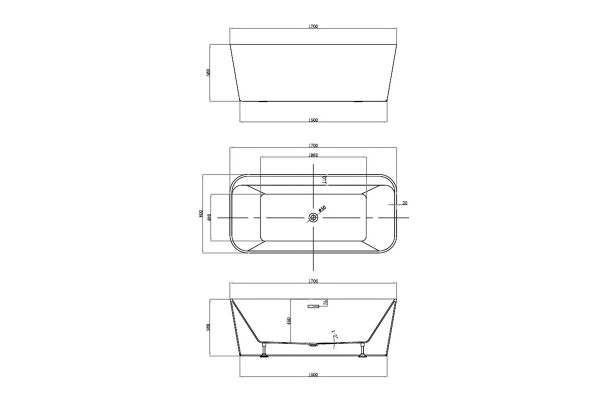 Ванна акриловая Vincea 170 x 80 x 58 см, слив-перелив в комплекте, белый, VBT-401-1700, прямоугольная, объем 310 л.