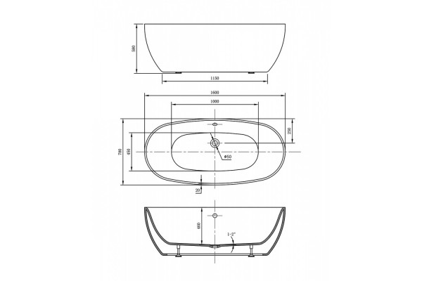 Ванна акриловая Vincea 160 x 78 x 58 см, слив-перелив в комплекте, белый, VBT-405-1600, овальная, отдельностоящая