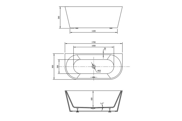 Ванна акриловая Vincea 170 x 80 x 58 см, слив-перелив в комплекте, черный/белый, VBT-421-1700MB, прямоугольная, пристенная