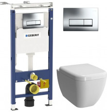 Комплект Geberit Duofix Платтенбау 458.125.21.1 4 в 1 с кнопкой смыва + Чаша для унитаза + Крышка-сиденье, цвет белый,  в современном стиле