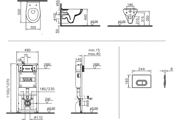 Комплект VitrA S20 9004B003-7202 подвесной унитаз + инсталляция + кнопка цвет белый, бачок 3/6 л