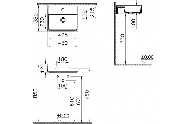 Раковина VitrA Archiplan 7400B003-0001 45 см прямоугольная, цвет белый