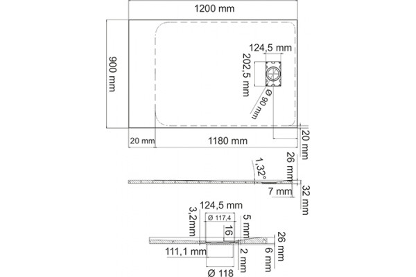 Поддон для душа Wasserkraft Elbe 74T07 120x90 прямоугольный, низкий