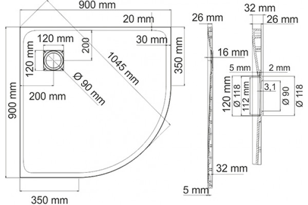 Поддон для душа Wasserkraft Leine 35T01 90x90 см четверть круга, низкий