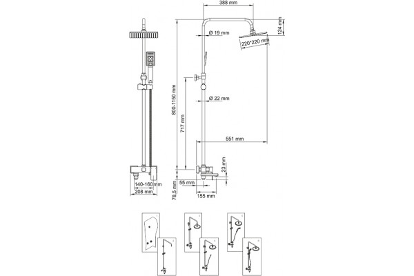 Душевая стойка Wasserkraft A17701 80/115x55,1 см, хром, 3 режима