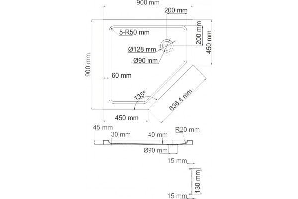 Поддон для душа Wasserkraft Isen 26T11 90x90 см пятиугольный, средний