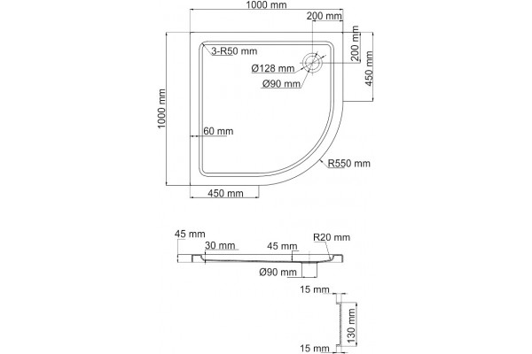 Поддон для душа Wasserkraft Isen 26T23 100x100 см четверть круга, средний