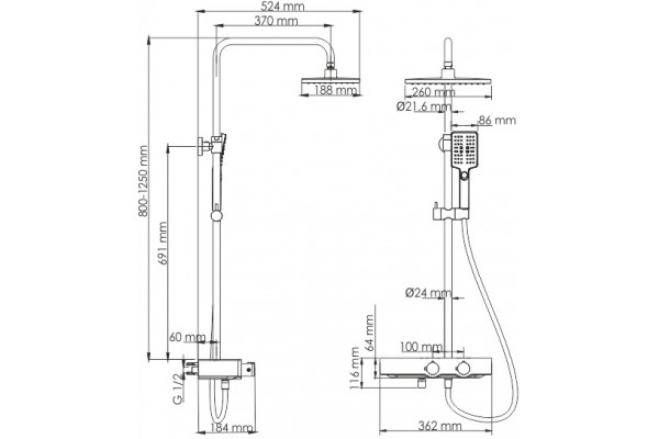 Душевая стойка Wasserkraft A11401 Thermo штанга 136.6 см, шланг пластиковый 150 см