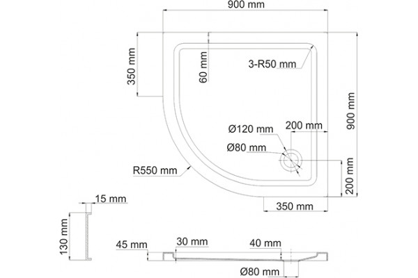 Поддон для душа Wasserkraft Isen 26T01 90x90 см четверть круга, средний