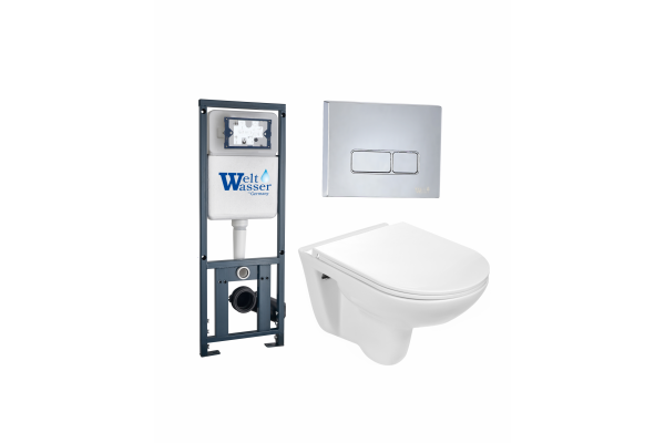 Комплект 3 в 1 инсталляция WeltWasser WW Marberg 410 + Подвесной унитаз WeltWasser Baarbach 004 GL-WT + кнопка хром SE в современном стиле