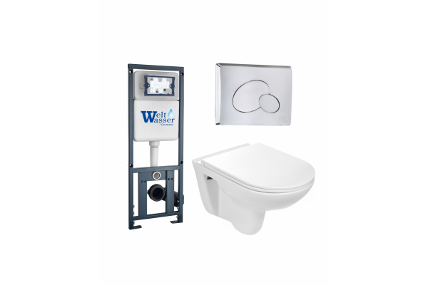 Комплект 3 в 1 инсталляция WeltWasser WW Marberg 410 + Подвесной унитаз WeltWasser Baarbach 004 GL-WT + кнопка хром RD в современном стиле