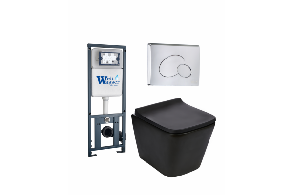 Комплект 3 в 1 инсталляция WeltWasser WW Marberg 410 + Подвесной унитаз WeltWasser Gelbach 004 MT-BL + кнопка хром RD в современном стиле
