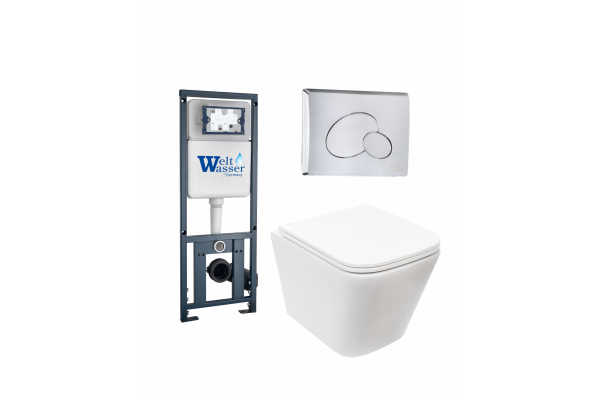 Комплект 3 в 1 инсталляция WeltWasser WW Marberg 410 + Подвесной унитаз Weltwasser Gelbach 004 MT-WT + кнопка хром RD в современном стиле