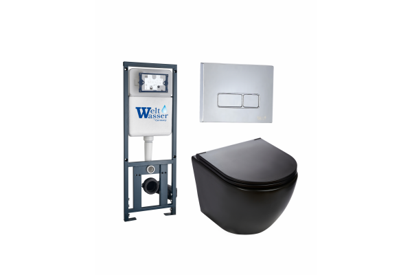 Комплект 3 в 1 инсталляция WeltWasser WW Marberg 410 + Подвесной унитаз Weltwasser Merzbach 004 MT-BL + кнопка хром SE в современном стиле