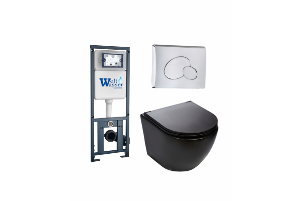Комплект 3 в 1 инсталляция WeltWasser WW Marberg 410 + Подвесной унитаз Weltwasser Merzbach 004 MT-BL + кнопка хром RD в современном стиле