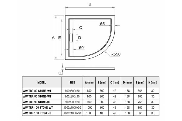 Поддон для душа из искусственного камня WeltWasser WW TRR 100 STONE-BL 100x100 черный  четверть круга,  в современном стиле