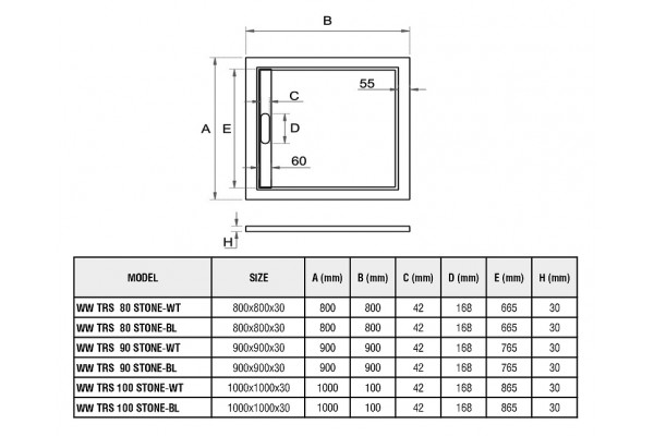 Поддон для душа из искусственного камня WeltWasser WW TRS 90 STONE-BL 90x90 черный квадратный,  в современном стиле