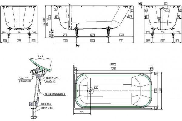 Чугунная ванна Wotte Start 150x70 прямоугольная, встраиваемая, объем 196 л.
