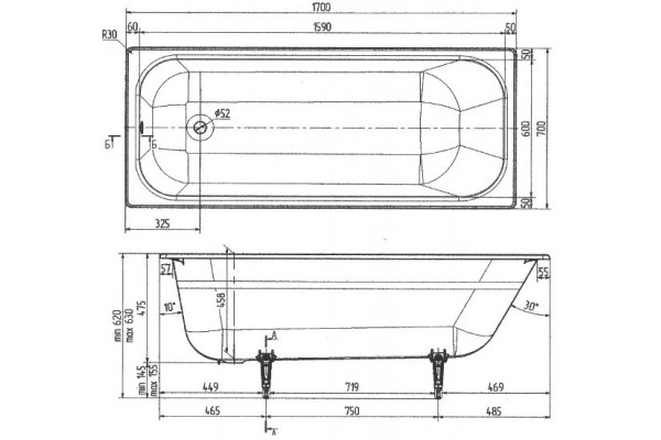 Чугунная ванна Wotte Start 170x70 см прямоугольная, объем 225 л.