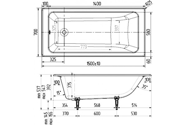 Чугунная ванна Wotte Line 150x70 прямоугольная, встраиваемая, объем 137 л.