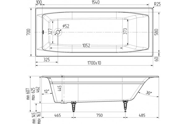 Чугунная ванна Wotte Forma 170x70 прямоугольная, встраиваемая, объем 195 л.